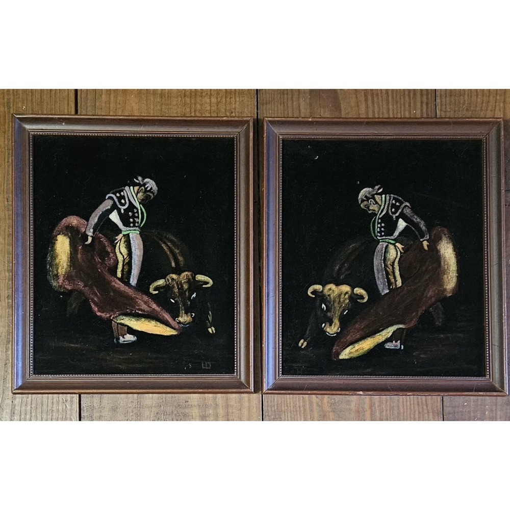 Vintage Velvet Oil Painting Matador Bull Bullfight 14"x12" Set Of 2